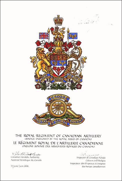 Lettres patentes approuvant l'insigne du Régiment royal de l’artillerie canadienne sommé des armoiries royales du Canada