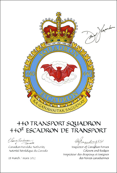 Lettres patentes confirmant le blasonnement de l'insigne du 440e Escadron de transport
