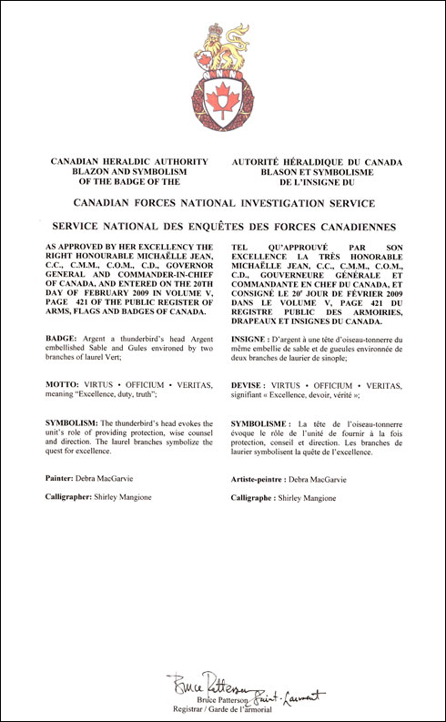 Letters patent approving the Badge of the Canadian Forces National Investigation Service