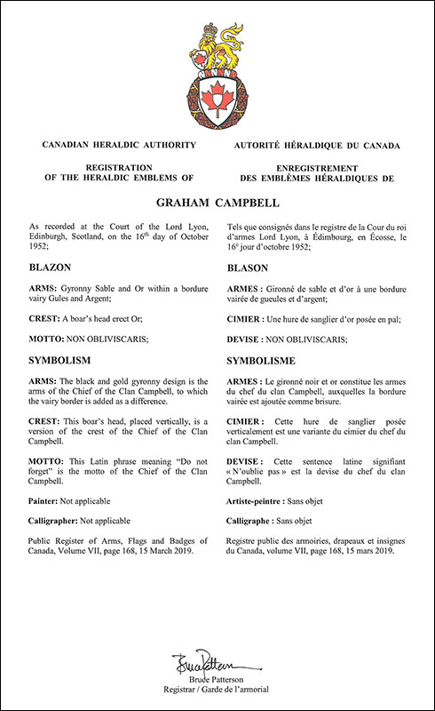 Letters patent registering the heraldic emblems of Graham Campbell