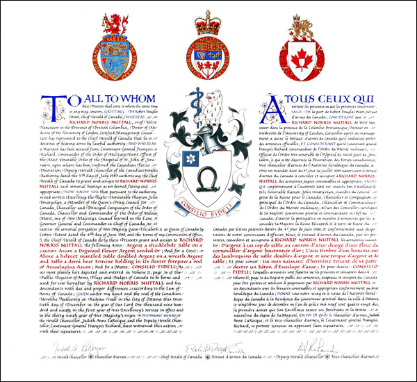 Letters patent granting heraldic emblems to Richard Norris Nuttall