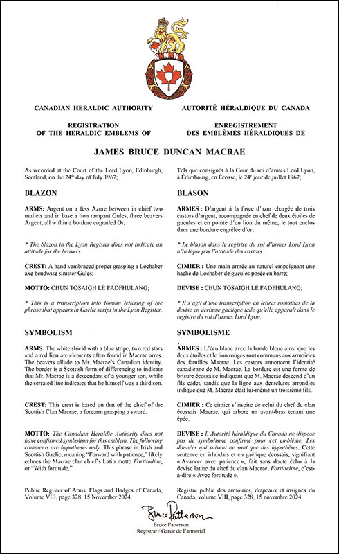 Letters patent registering the heraldic emblems of James Bruce Duncan Macrae