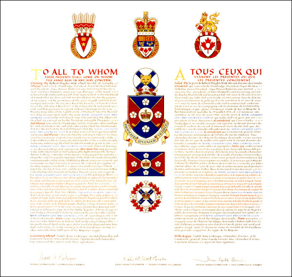 Letters patent granting heraldic emblems to the Royal Colwood Golf and Country Club
