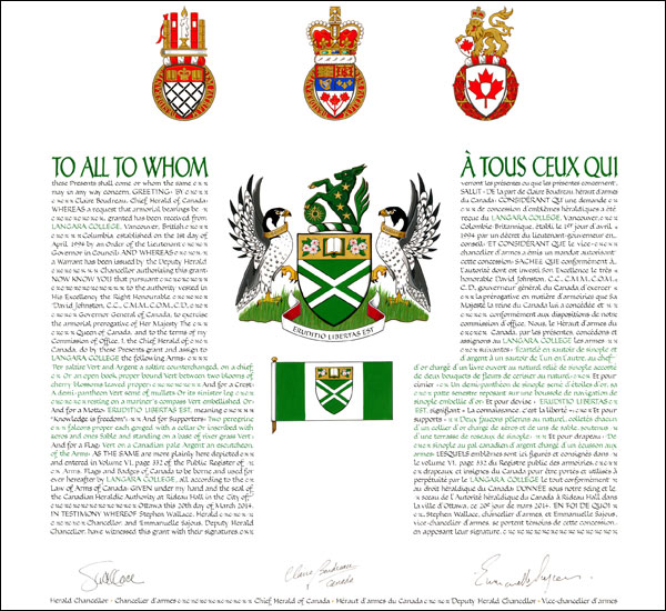 Letters patent granting heraldic emblems to the Langara College