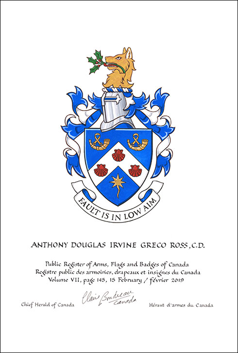 Letters patent granting heraldic emblems to Anthony Douglas Irvine Greco Ross