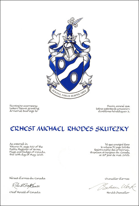 Letters patent granting heraldic emblems to Ernest Michael Rhodes Skutezky