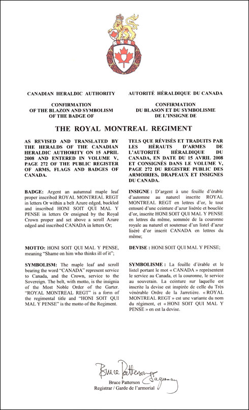 Letters patent confirming the blazon of the Badge of The Royal Montreal Regiment