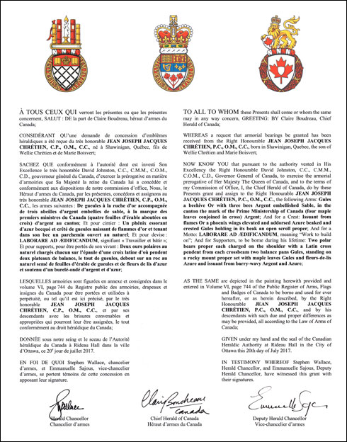 Lettres patentes concédant des emblèmes héraldiques à Joseph Jacques Jean Chrétien
