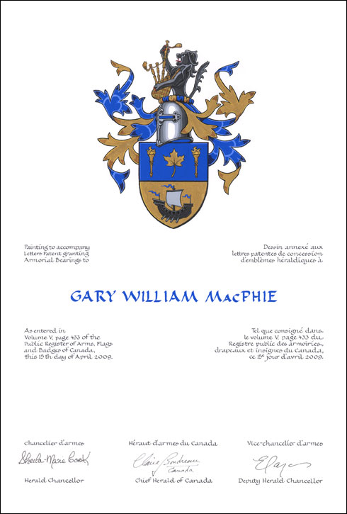 Letters patent granting heraldic emblems to Gary William MacPhie