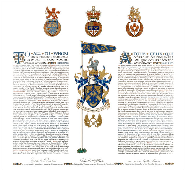 Lettres patentes concédant des emblèmes héraldiques à David Patrick Joseph Tysowski