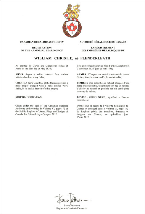 Lettres patentes enregistrant les emblèmes héraldiques de William Christie (né Plenderleath)