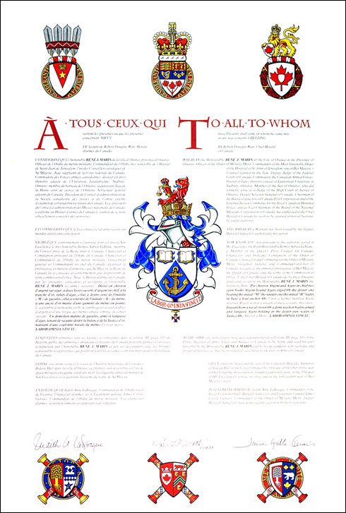 Letters patent granting heraldic emblems to René J. Marin