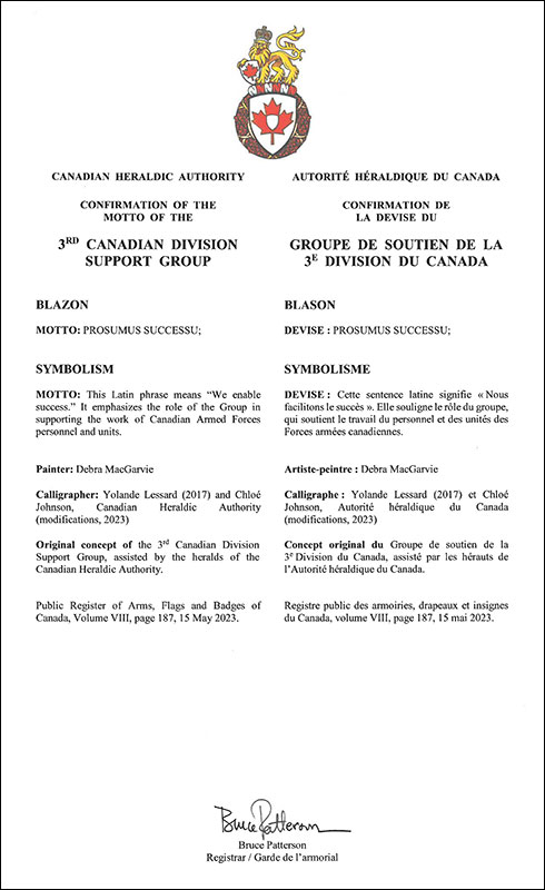 Lettres patentes approuvant les emblèmes héraldiques du Groupe de soutien de la 3e Division du Canada