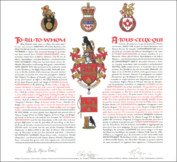 Letters patent granting heraldic emblems to Vicken Koundakjian