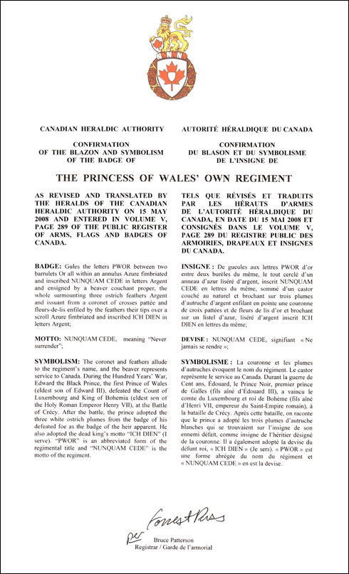 Lettres patentes confirmant le blasonnement de l'insigne de The Princess of Wales’ Own Regiment