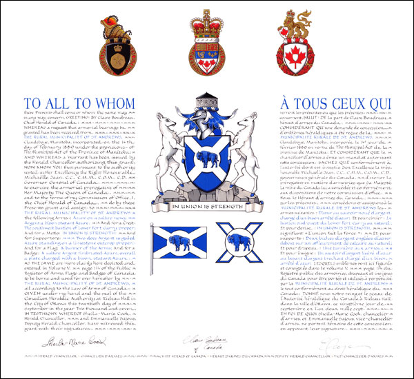 Letters patent graning heraldic emblems to the Rural Municipality of St. Andrews