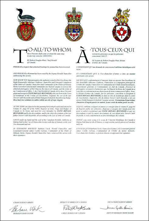 Letters patent granting heraldic emblems to Clive Donall Reynolds
