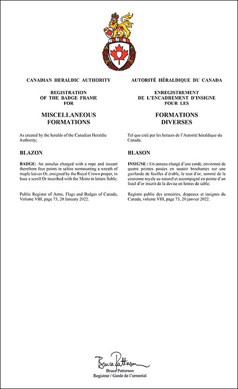 Letters patent registering the badge frame for Miscellaneous Formations/Groups of the Canadian Armed Forces