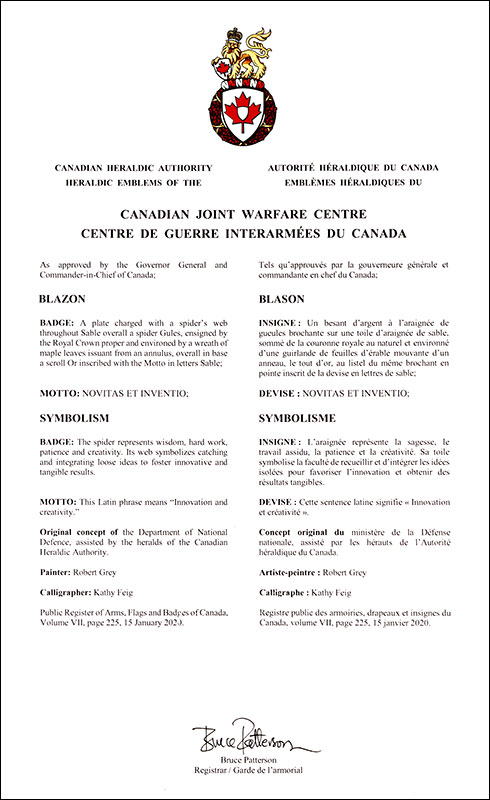 Letters patent approving the heraldic emblems of the Canadian Joint Warfare Centre