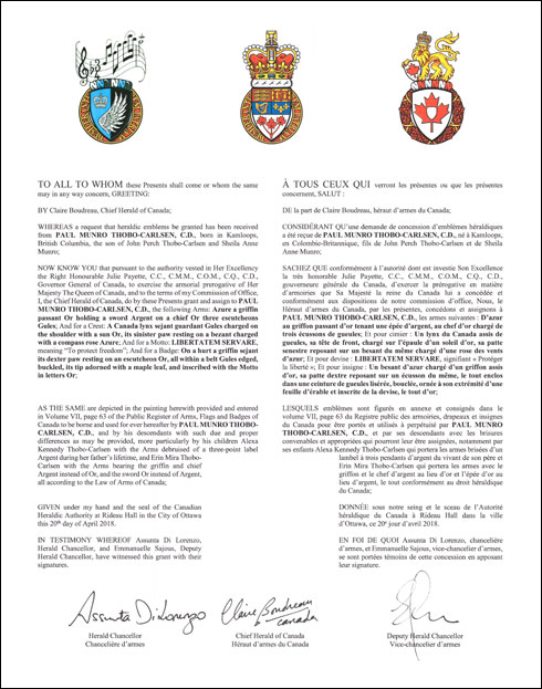 Letters patent granting heraldic emblems to Paul Munro Thobo-Carlsen