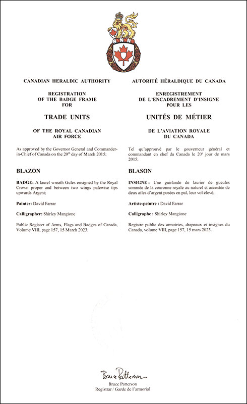 Lettres patentes enregistrant l'encadrement d'insigne pour les Unités de métier de l’Aviation royale du Canada
