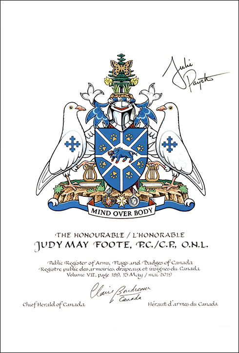 Letters patent granting heraldic emblems to Judy May Foote
