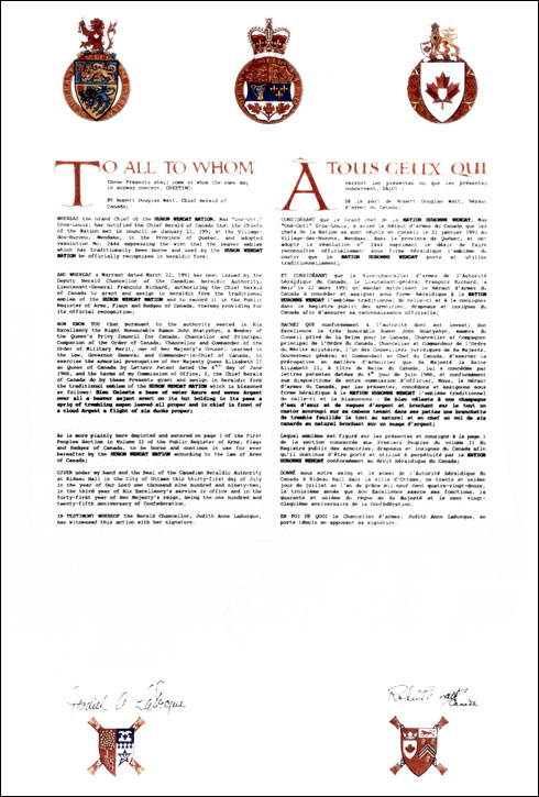 Letters patent granting a Badge to the Huron Wendat Nation