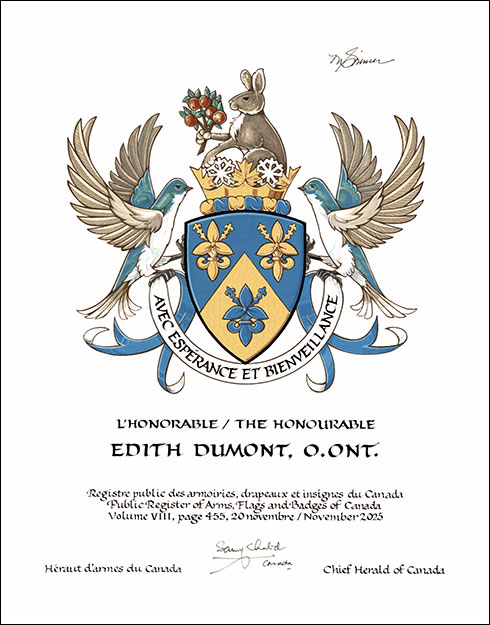 Letters patent granting heraldic emblems to Edith Dumont