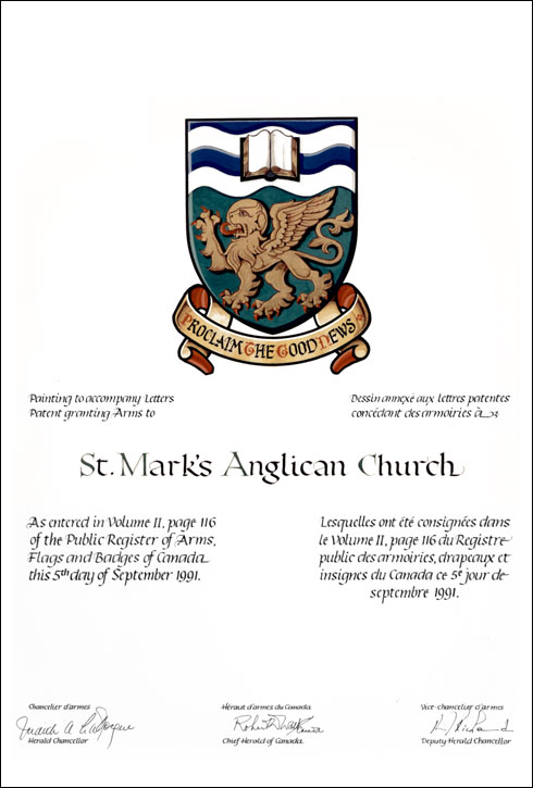 Lettres patentes concédant des emblèmes héraldiques à la St. Mark's Anglican Church