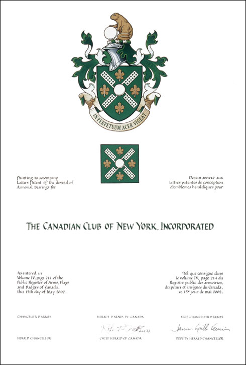 Letters patent devising heraldic emblems to The Canadian Club of New York, Incorporated