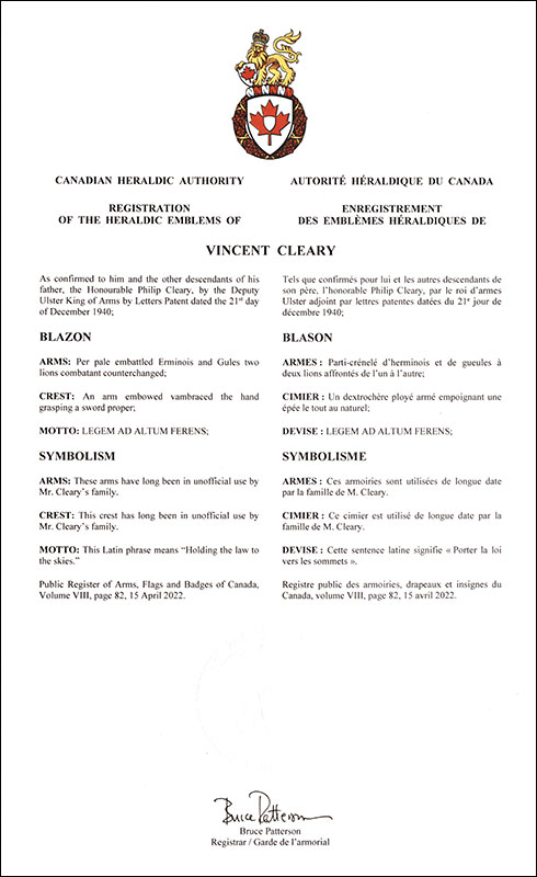 Lettres patentes enregistrant les emblèmes héraldiques de Vincent Cleary