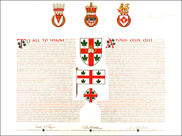 Lettres patentes concédant des emblèmes héraldiques au Synode général de l'Église anglicane du Canada