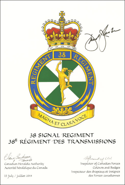 Lettres patentes approuvant l’insigne du 38e Régiment des transmissions