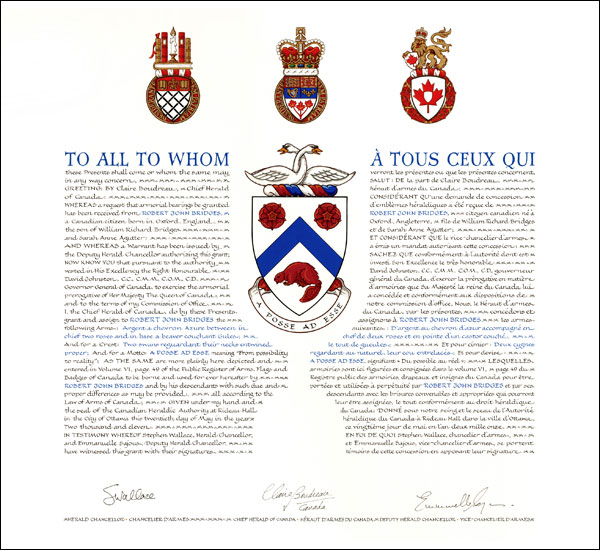 Lettres patentes concédant des emblèmes héraldiques à Robert John Bridges