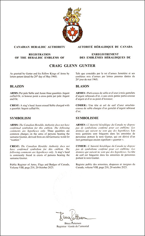 Lettres patentes enregistrant les emblèmes héraldiques de Craig Glenn Gunter