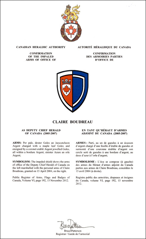 Lettres patentes confirmant les armoiries de Claire Boudreau comme héraut d'armes adjoint du Canada