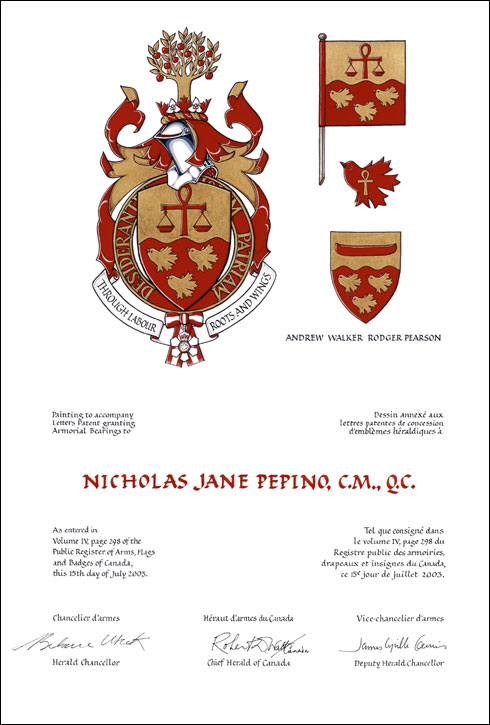 Letters patent granting heraldic emblems to Nicholas Jane Pepino