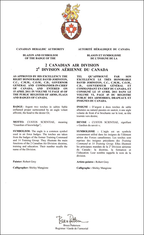 Letters patent approving the Badge of the 2 Canadian Air Division