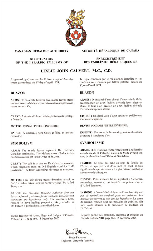 Lettres patentes enregistrant les emblèmes héraldiques de Leslie John Calvert