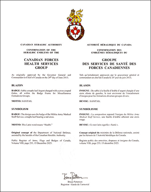 Lettres patentes confirmant l’insigne du Groupe des services de santé des Forces canadiennes