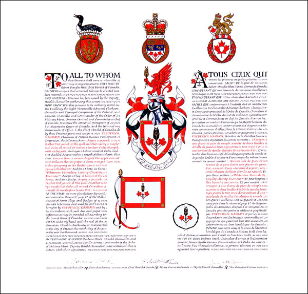 Letters patent granting heraldic emblems to Frederick Kasravi