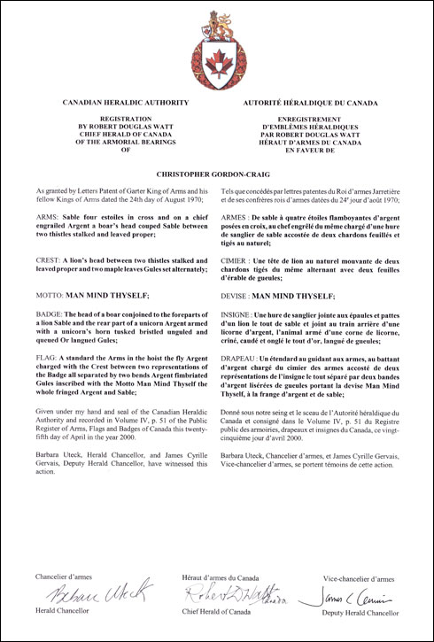 Letters patent registering the heraldic emblems of Christopher Gordon-Craig