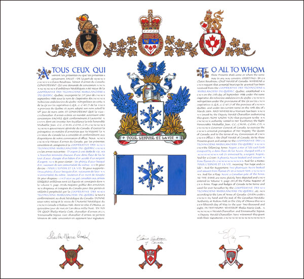 Leters Patent granting heraldic emblems to the Coopérative des techniciens ambulanciers du Québec
