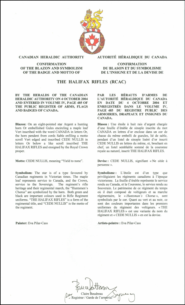 Confirmation of the blazon of the Badge of The Halifax Rifles (RCAC)