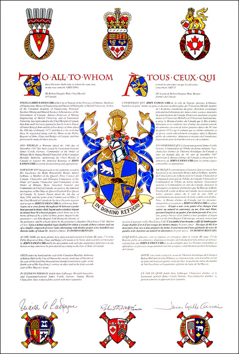 Letters patent registering the heraldic emblems of John Eaman Udd