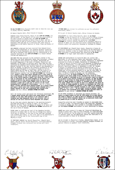 Letters patent registering the heraldic emblems of the City of Ottawa