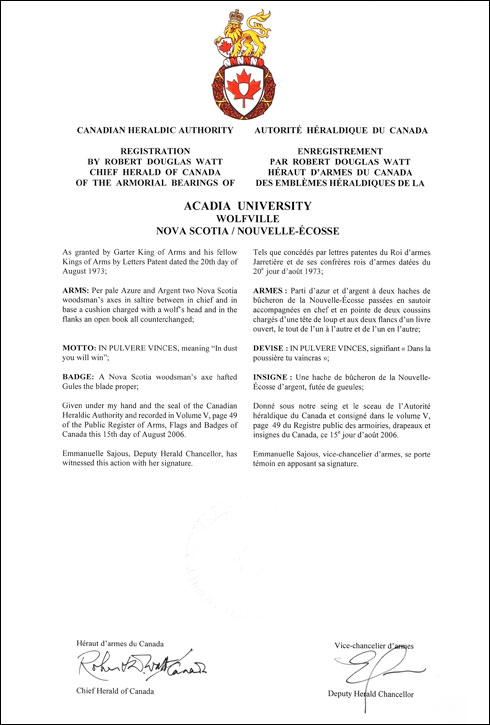 Lettres patentes enregistrant les emblèmes héraldiques de la Acadia University