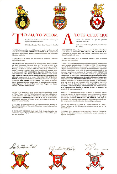 Letters patent granting heraldic emblems to Ann Meekitjuk Hanson