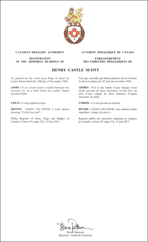 Lettres patentes enregistrant les emblèmes héraldiques de Henry Castle Scott