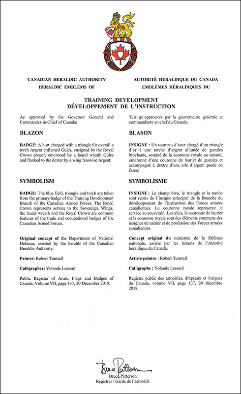 Letters patent approving the heraldic emblems of Training Development of the Canadian Armed Forces